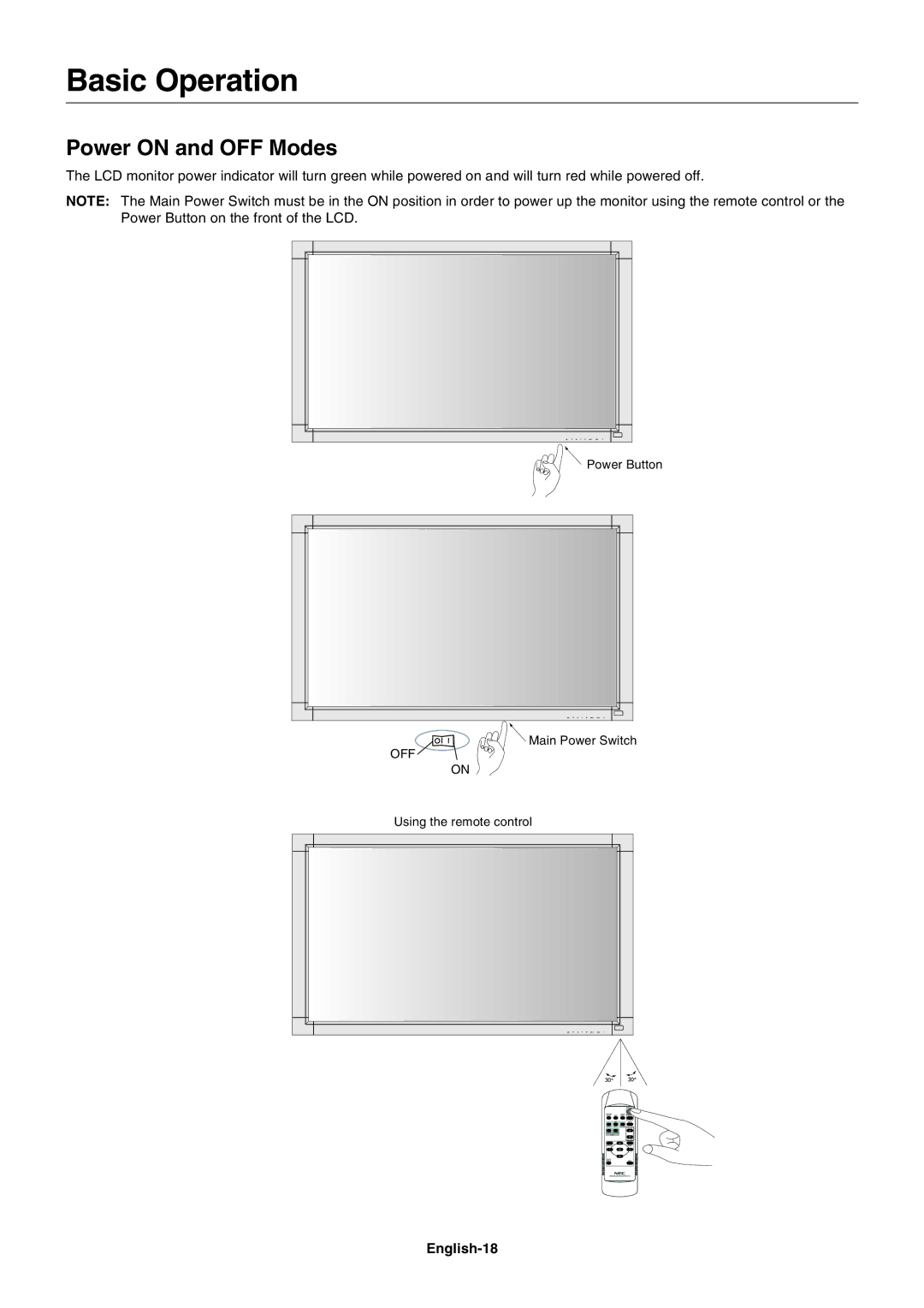 NEC LCD3215, LCD4215 user manual Basic Operation, Power on and OFF Modes, English-18 