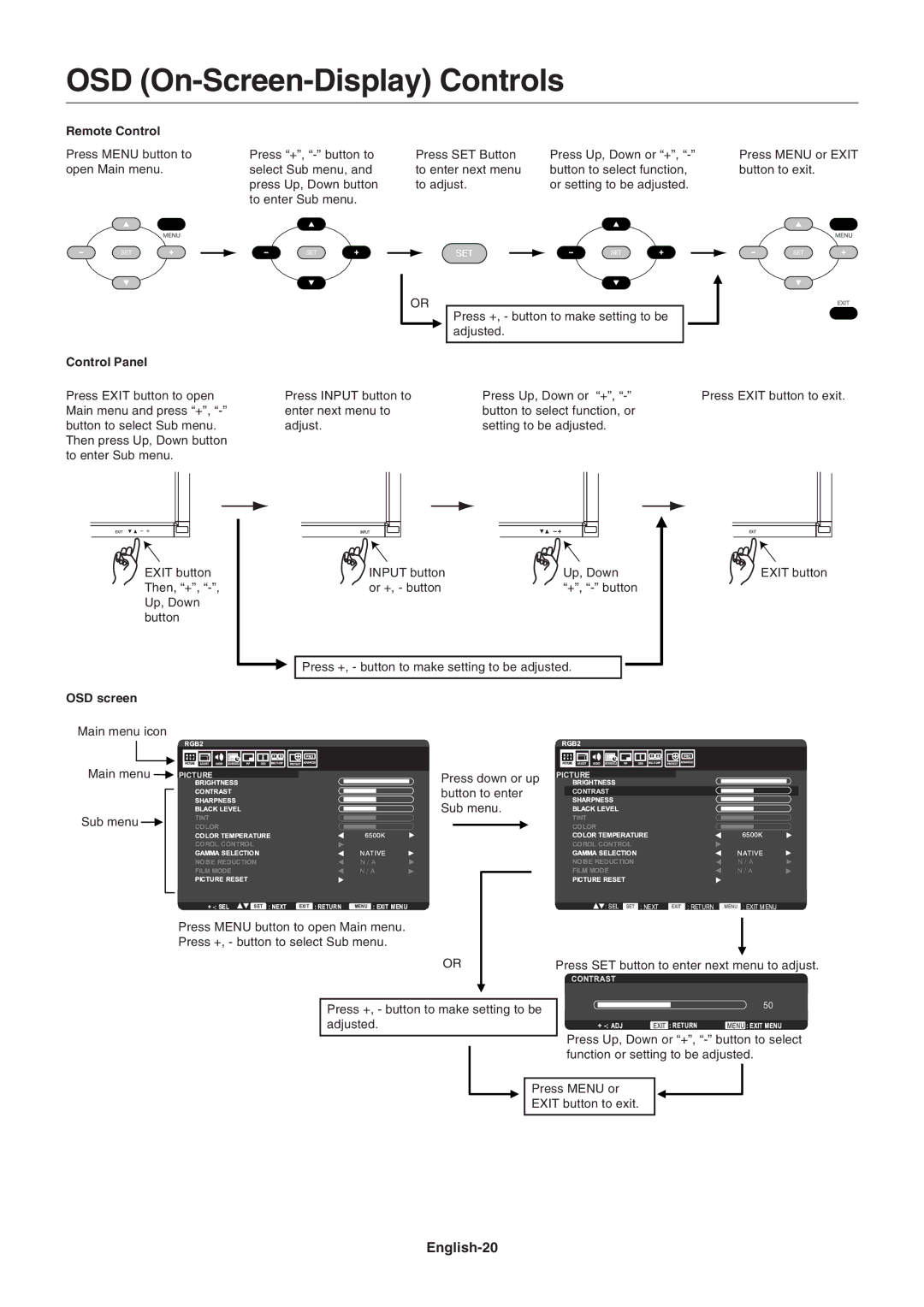 NEC LCD3215, LCD4215 user manual OSD On-Screen-Display Controls, English-20 