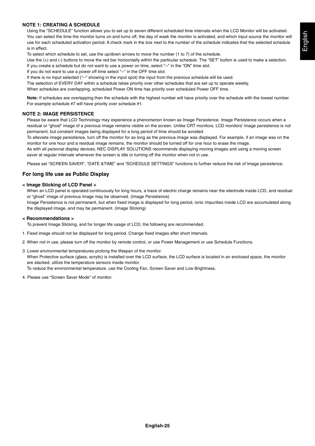 NEC LCD4215, LCD3215 user manual Image Sticking of LCD Panel, Recommendations, English-25 