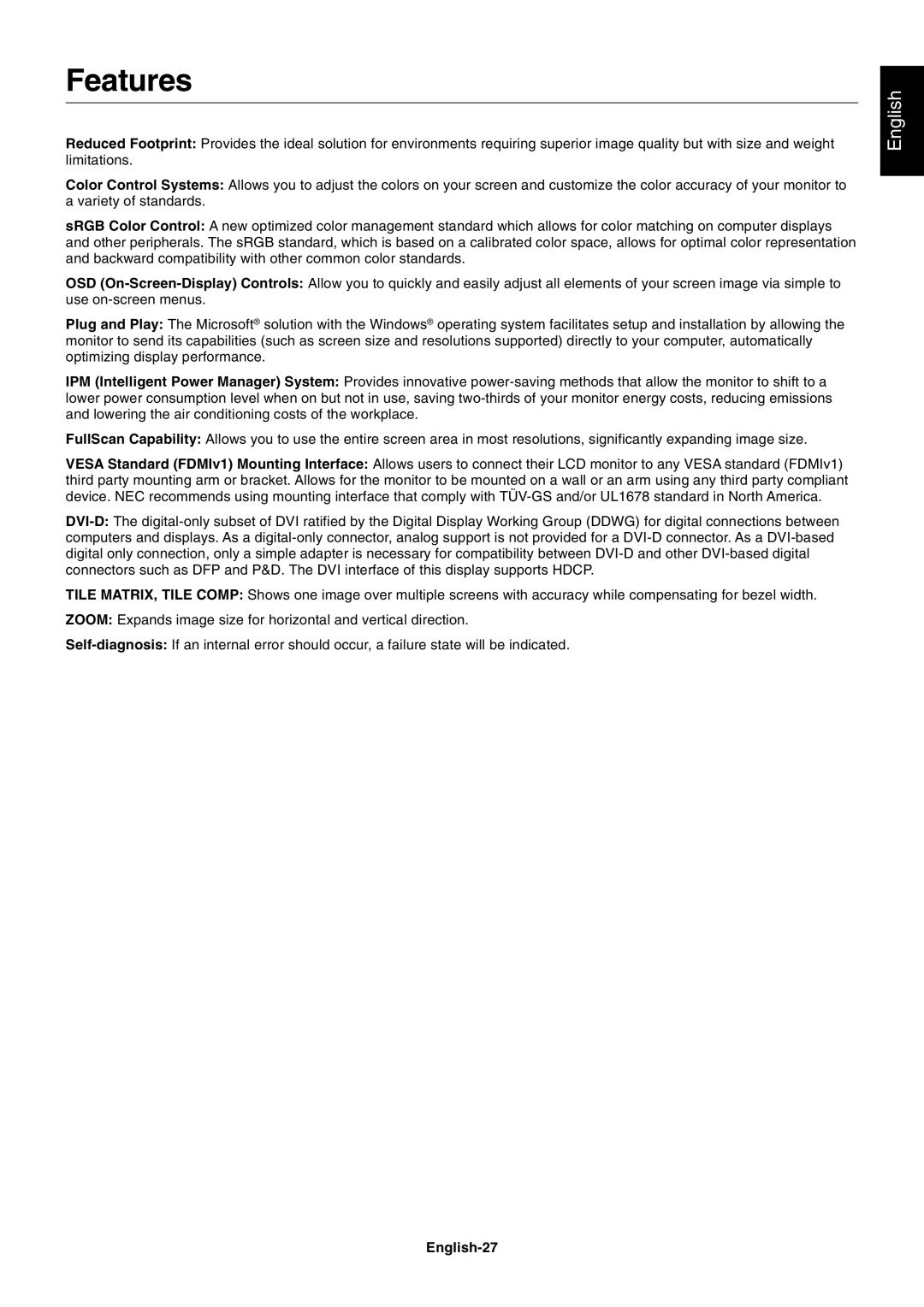 NEC LCD4215, LCD3215 user manual Features, English-27 