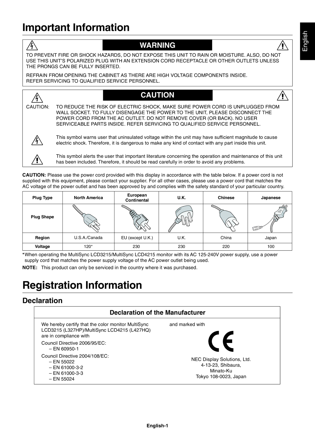 NEC LCD4215, LCD3215 Important Information, Registration Information, Declaration of the Manufacturer, English-1 