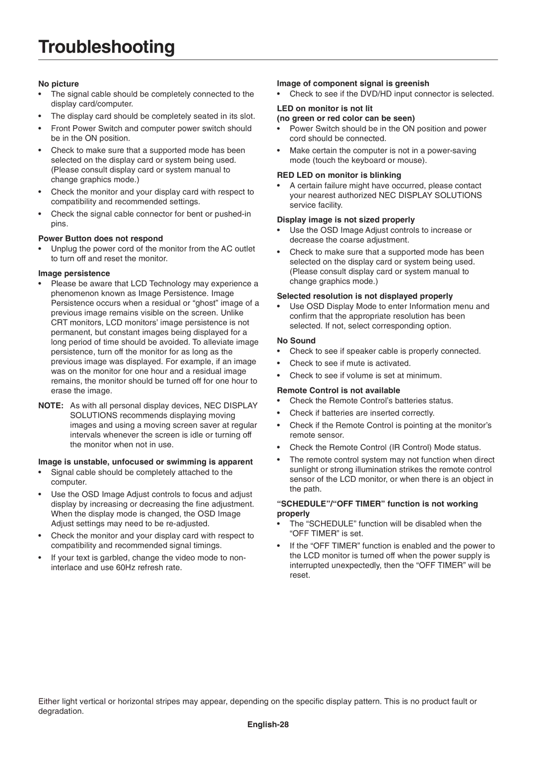 NEC LCD3215, LCD4215 user manual Troubleshooting 