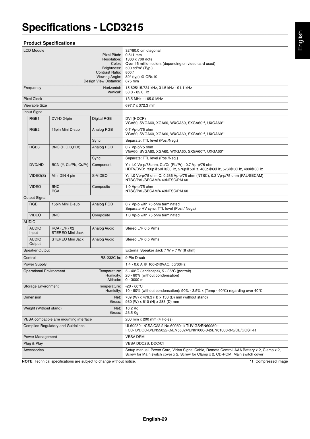 NEC LCD4215 user manual Specifications LCD3215, Product Specifications, English-29 