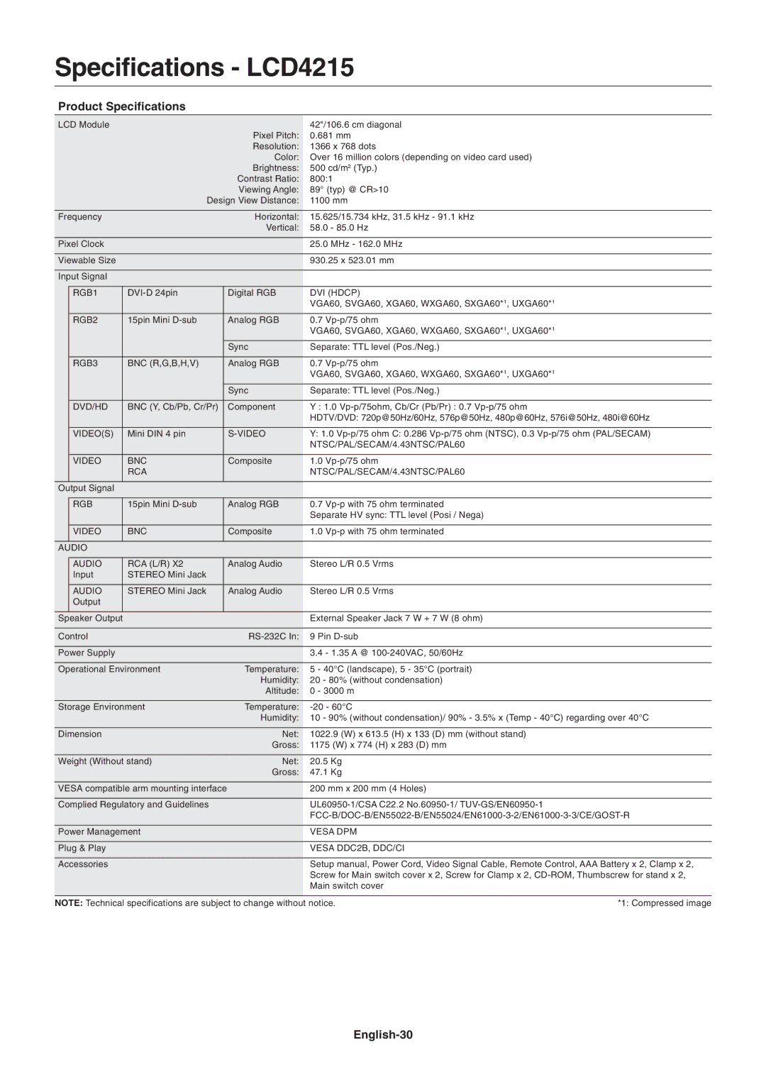 NEC LCD3215 user manual Specifications LCD4215, English-30 