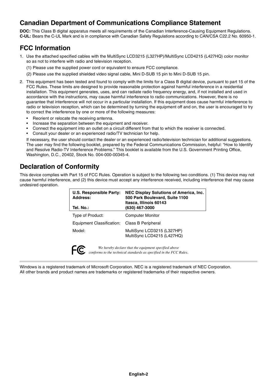 NEC LCD3215 Canadian Department of Communications Compliance Statement, FCC Information, Declaration of Conformity 