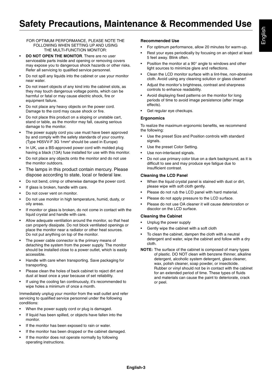 NEC LCD4215, LCD3215 user manual Safety Precautions, Maintenance & Recommended Use 