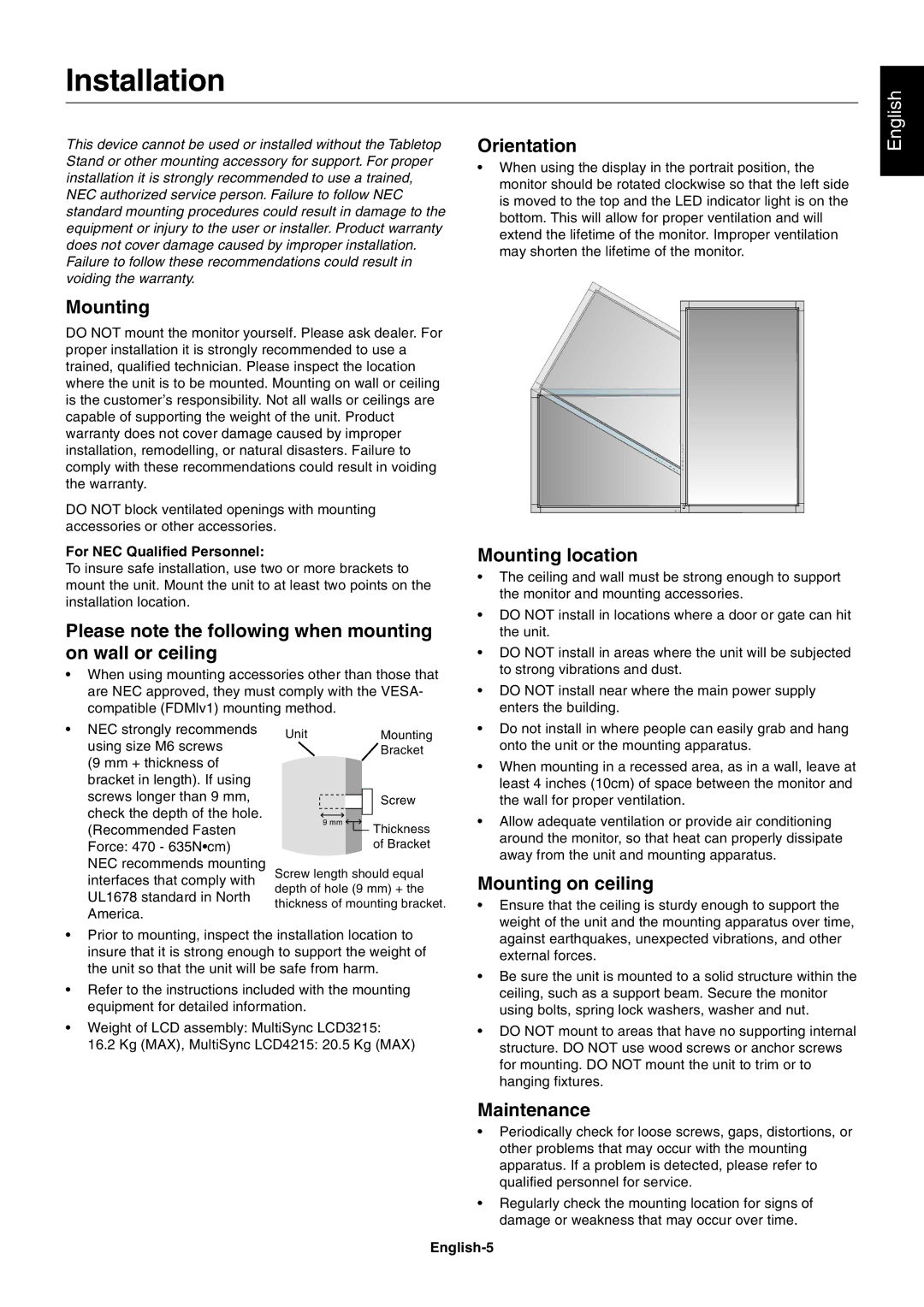 NEC LCD4215, LCD3215 user manual Installation 