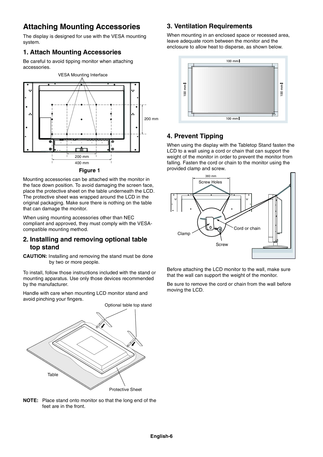 NEC LCD3215 Attaching Mounting Accessories, Attach Mounting Accessories, Installing and removing optional table top stand 