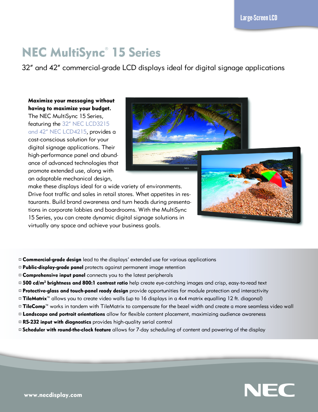 NEC LCD3215 manual NEC MultiSync 15 Series, Large-ScreenLCD 
