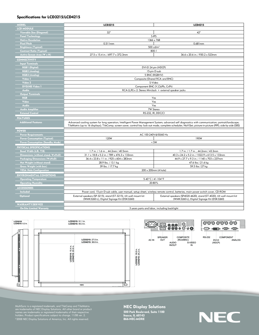 NEC manual NEC Display Solutions, Specifications for LCD3215/LCD4215, Park Boulevard, Suite Itasca, IL 866-NEC-MORE 