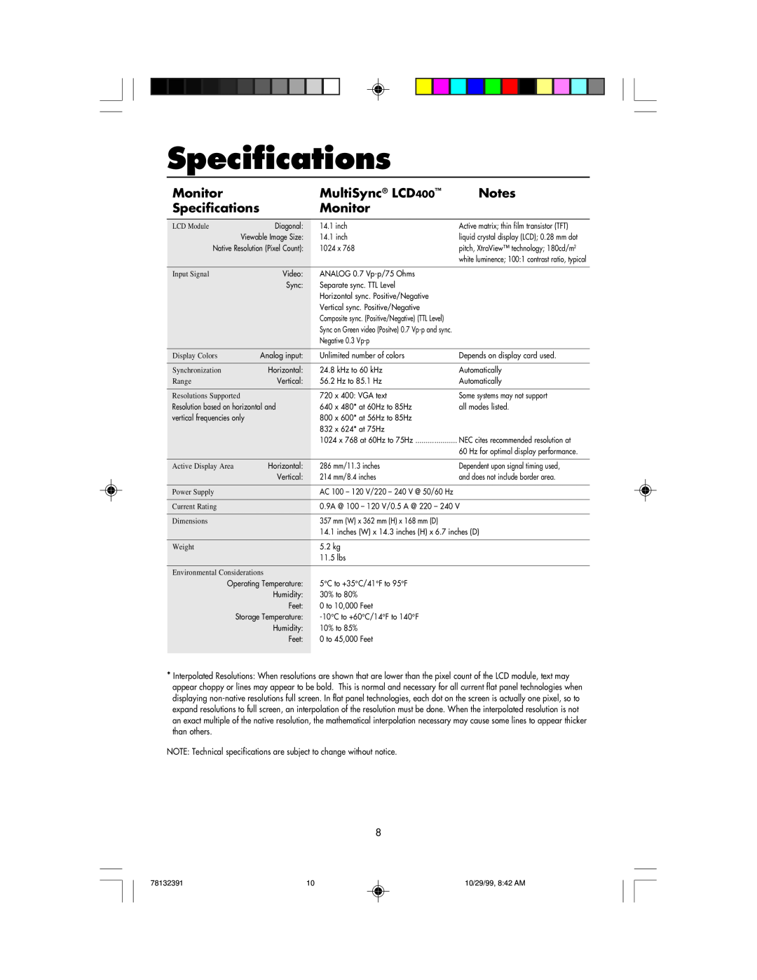 NEC user manual Specifications, Monitor, MultiSync LCD400 