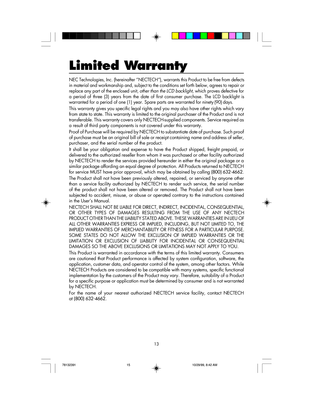NEC LCD400 user manual Limited Warranty 