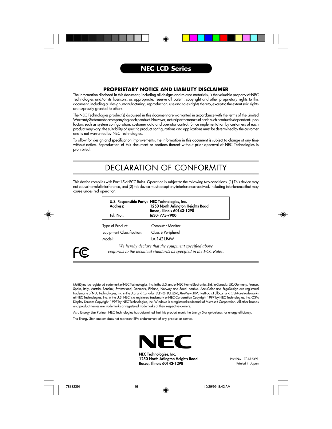 NEC LCD400 user manual Declaration Of Conformity, NEC LCD Series, Proprietary Notice And Liability Disclaimer 