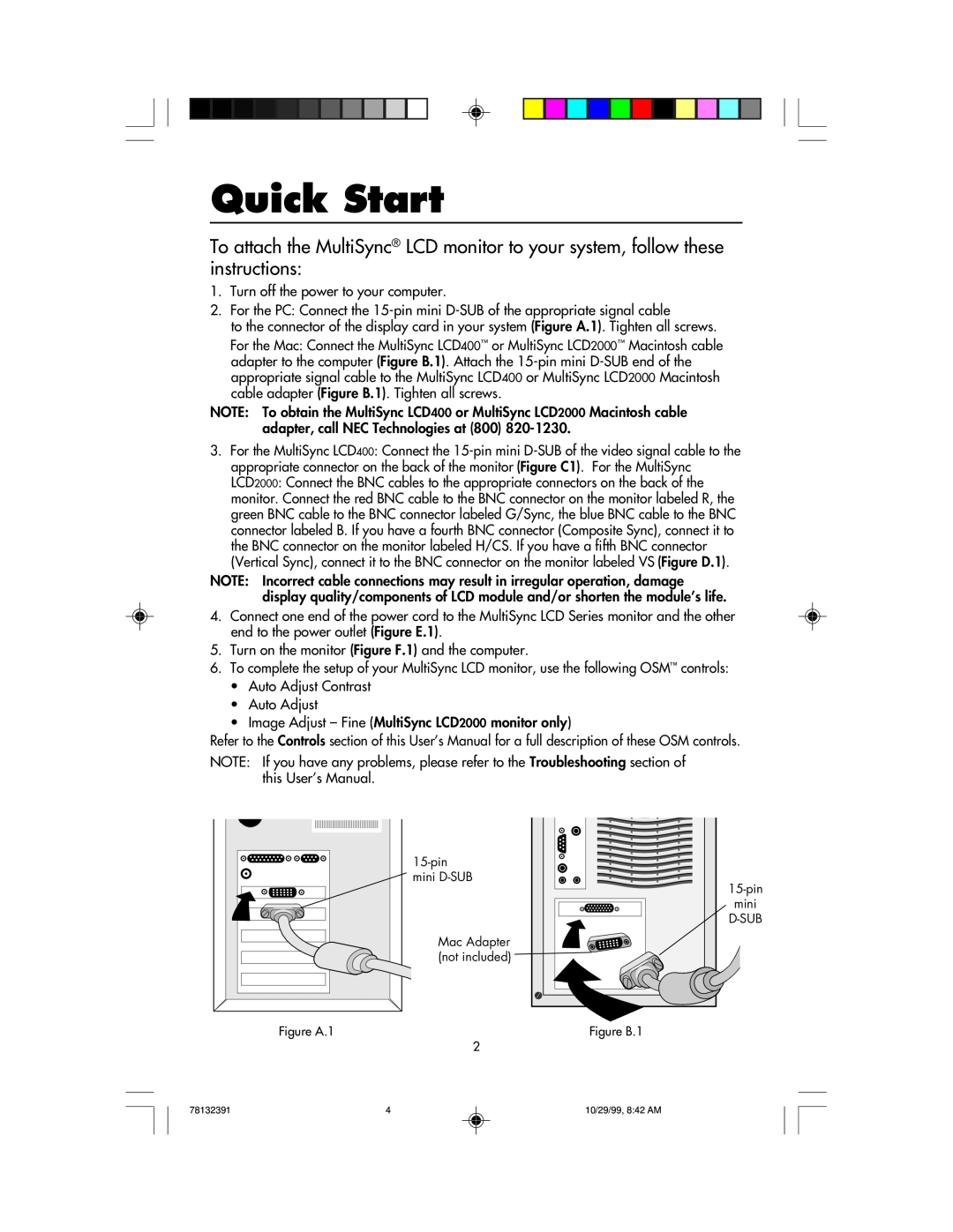 NEC LCD400 user manual Quick Start 