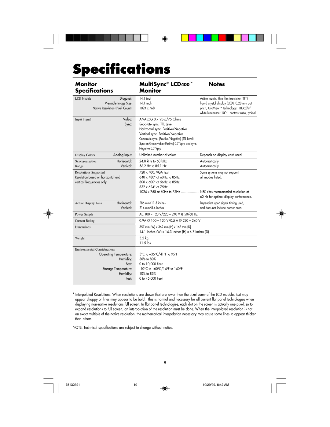 NEC user manual Monitor MultiSync LCD400 Specifications 