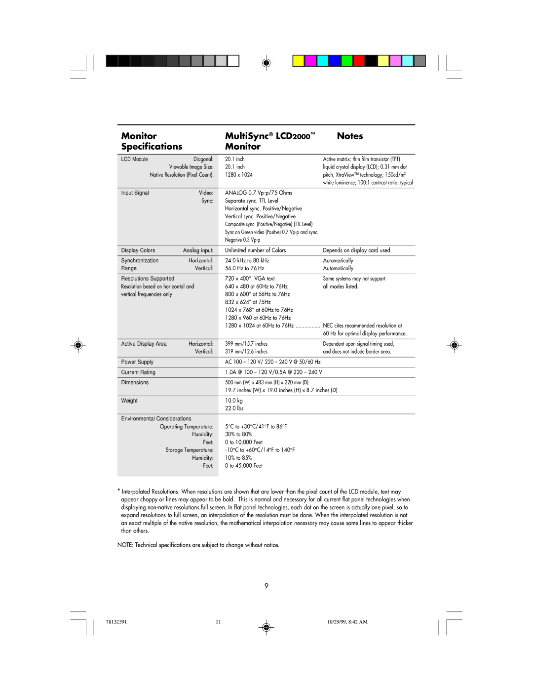 NEC LCD400 user manual Monitor MultiSync LCD2000 Specifications, Native Resolution Pixel Count 1280 x 