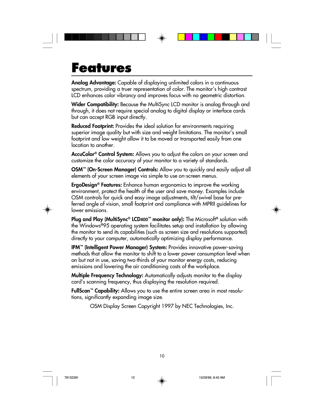 NEC LCD400 user manual Features 