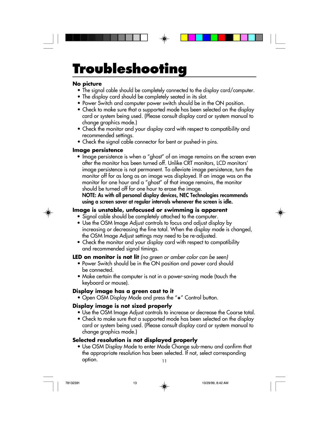 NEC LCD400 user manual Troubleshooting 