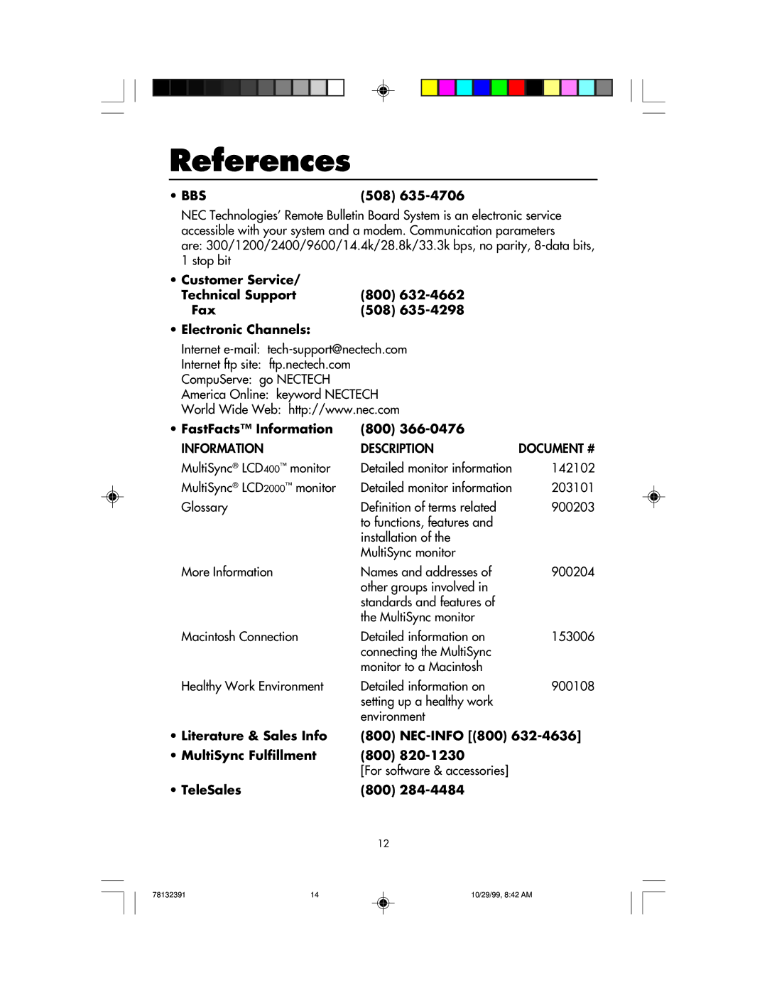 NEC LCD400 References, 508, FastFacts Information 800, Literature & Sales Info NEC-INFO 800 MultiSync Fulfillment 