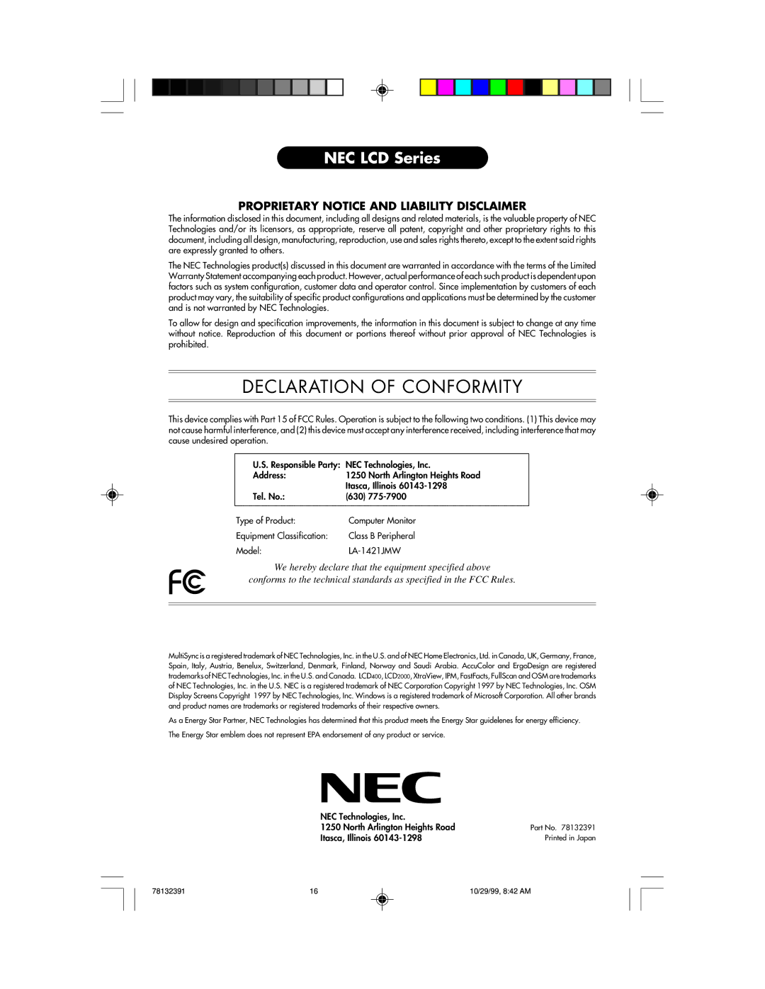 NEC LCD400 user manual Declaration of Conformity 