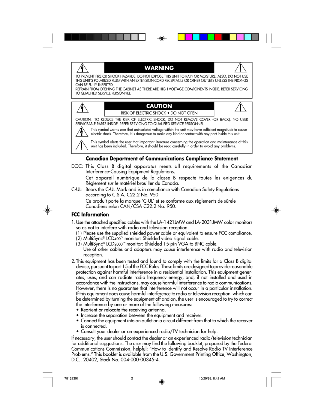 NEC LCD400 user manual Canadian Department of Communications Compliance Statement, FCC Information 