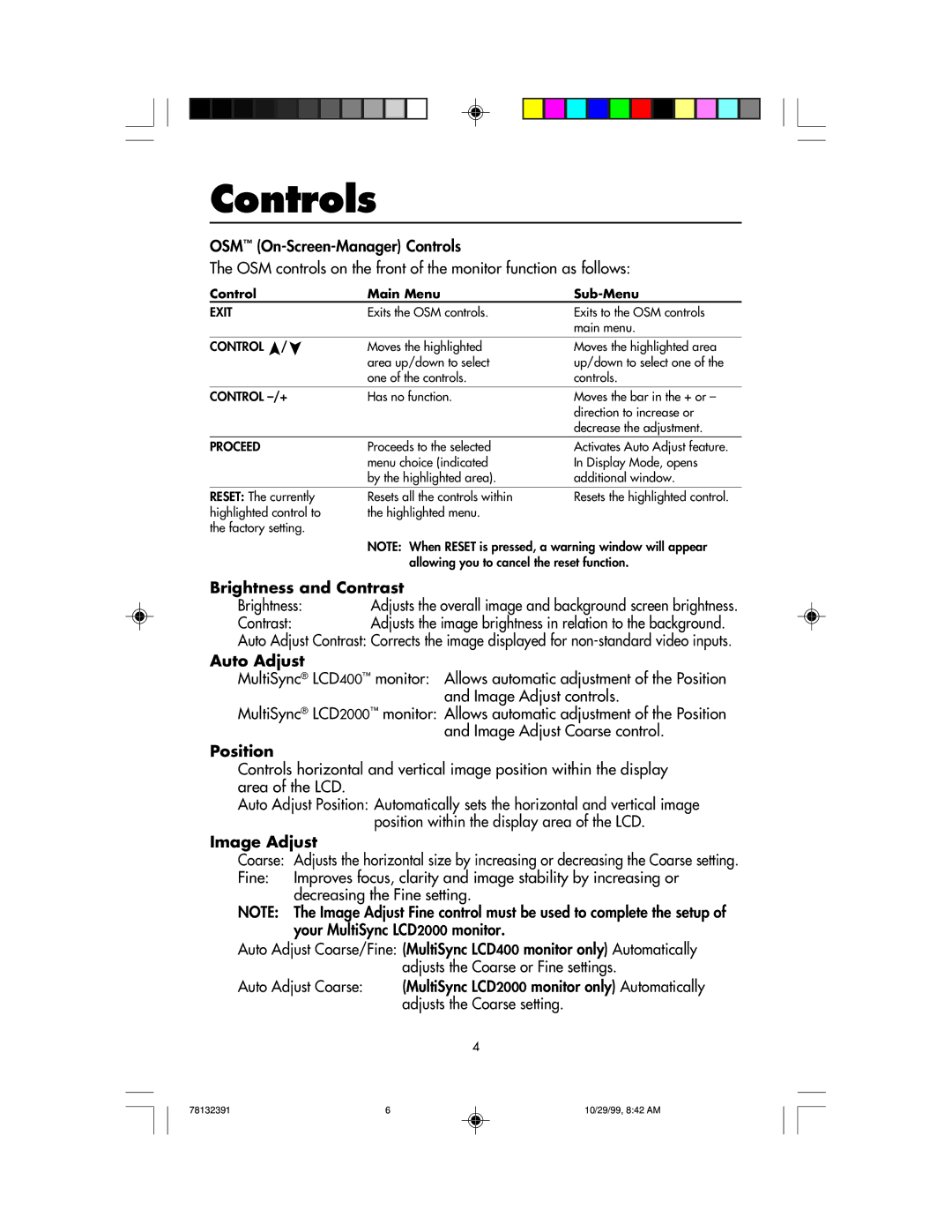 NEC LCD400 user manual Controls, Brightness and Contrast, Auto Adjust, Position, Image Adjust 