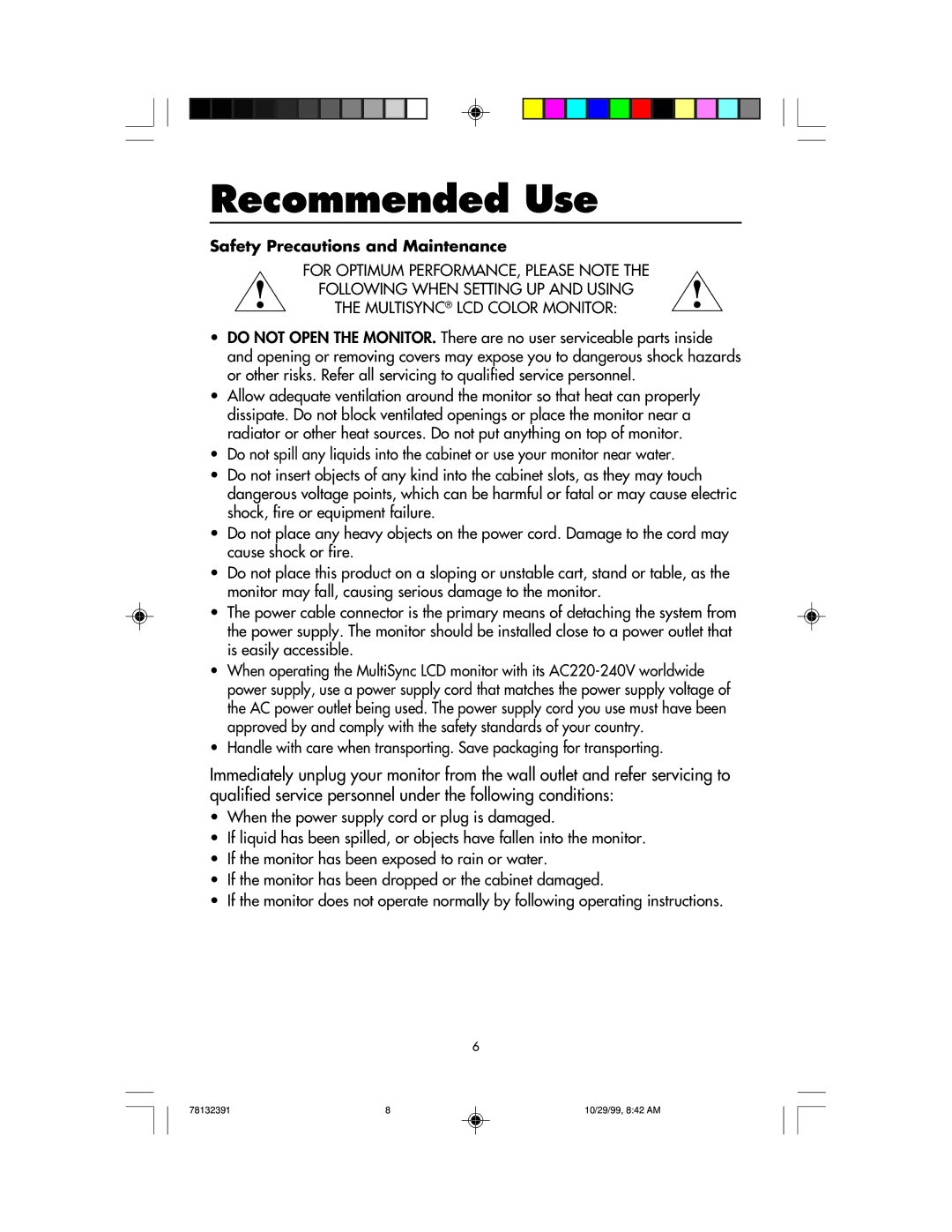 NEC LCD400 user manual Recommended Use, Safety Precautions and Maintenance 