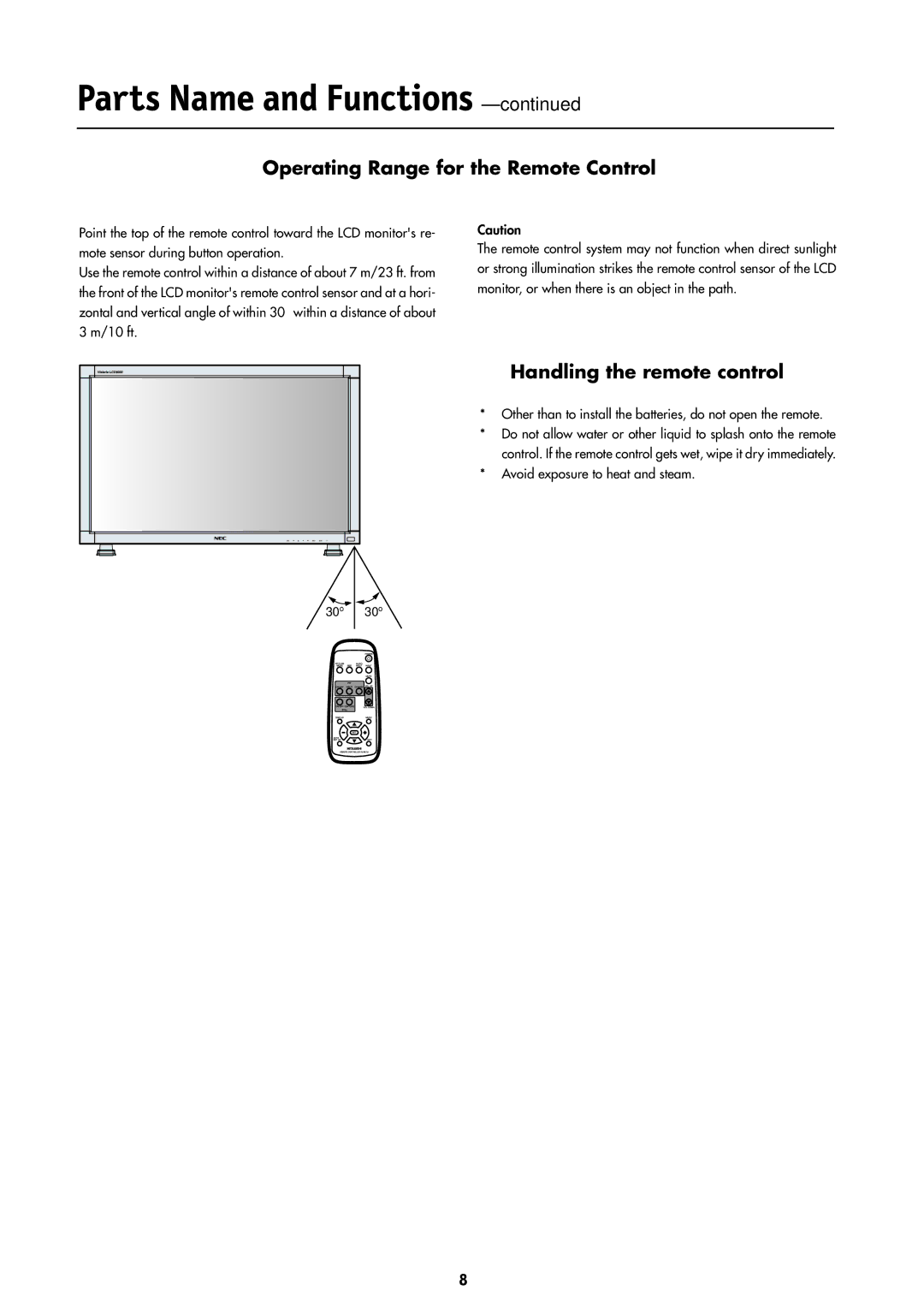 NEC LCD4000 manual Operating Range for the Remote Control, Handling the remote control 