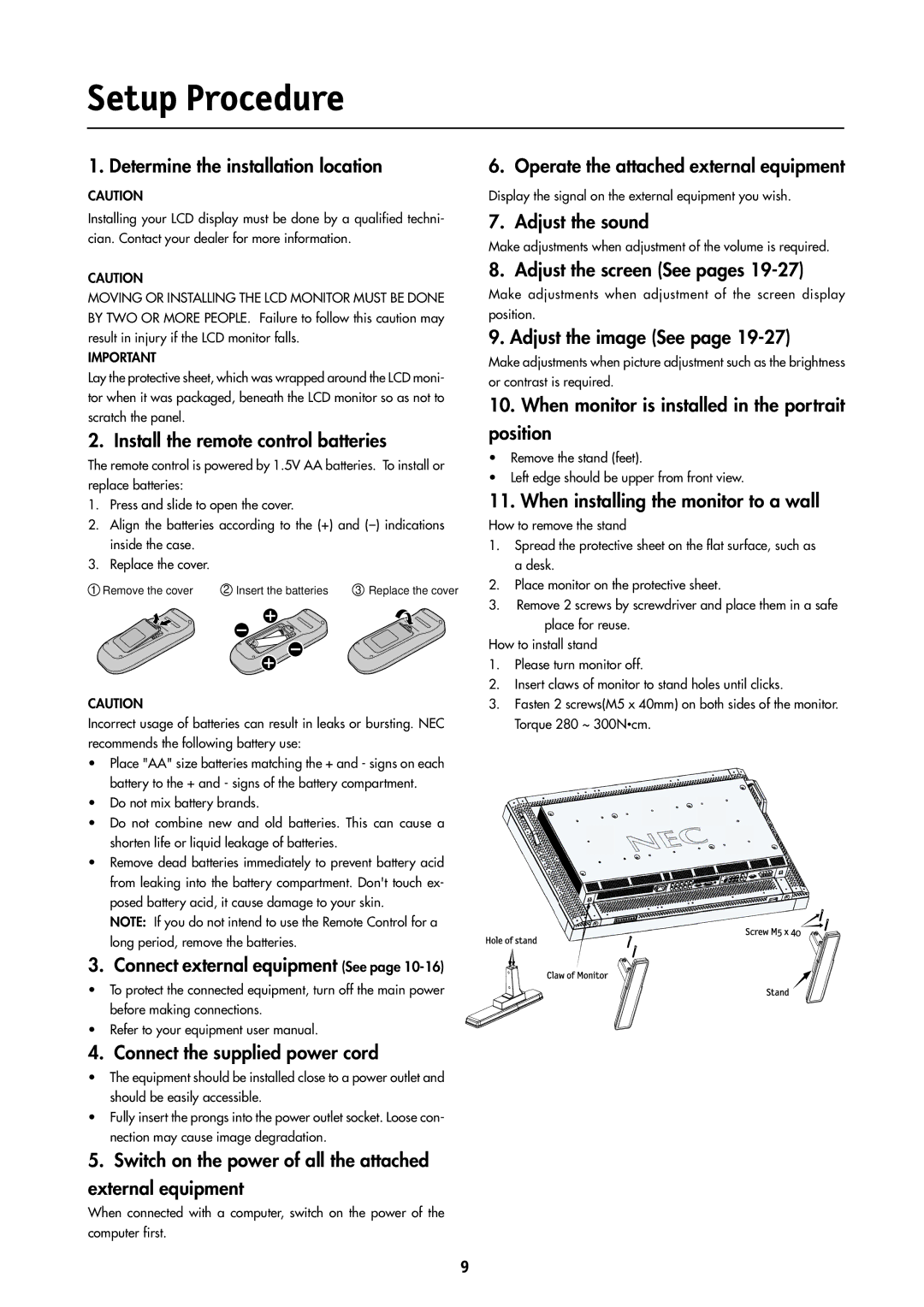 NEC LCD4000 manual Setup Procedure 