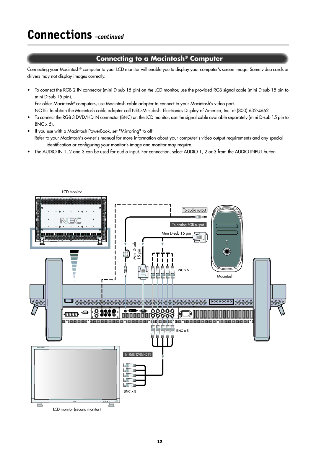 NEC LCD4000 manual Connecting to a Macintosh Computer 