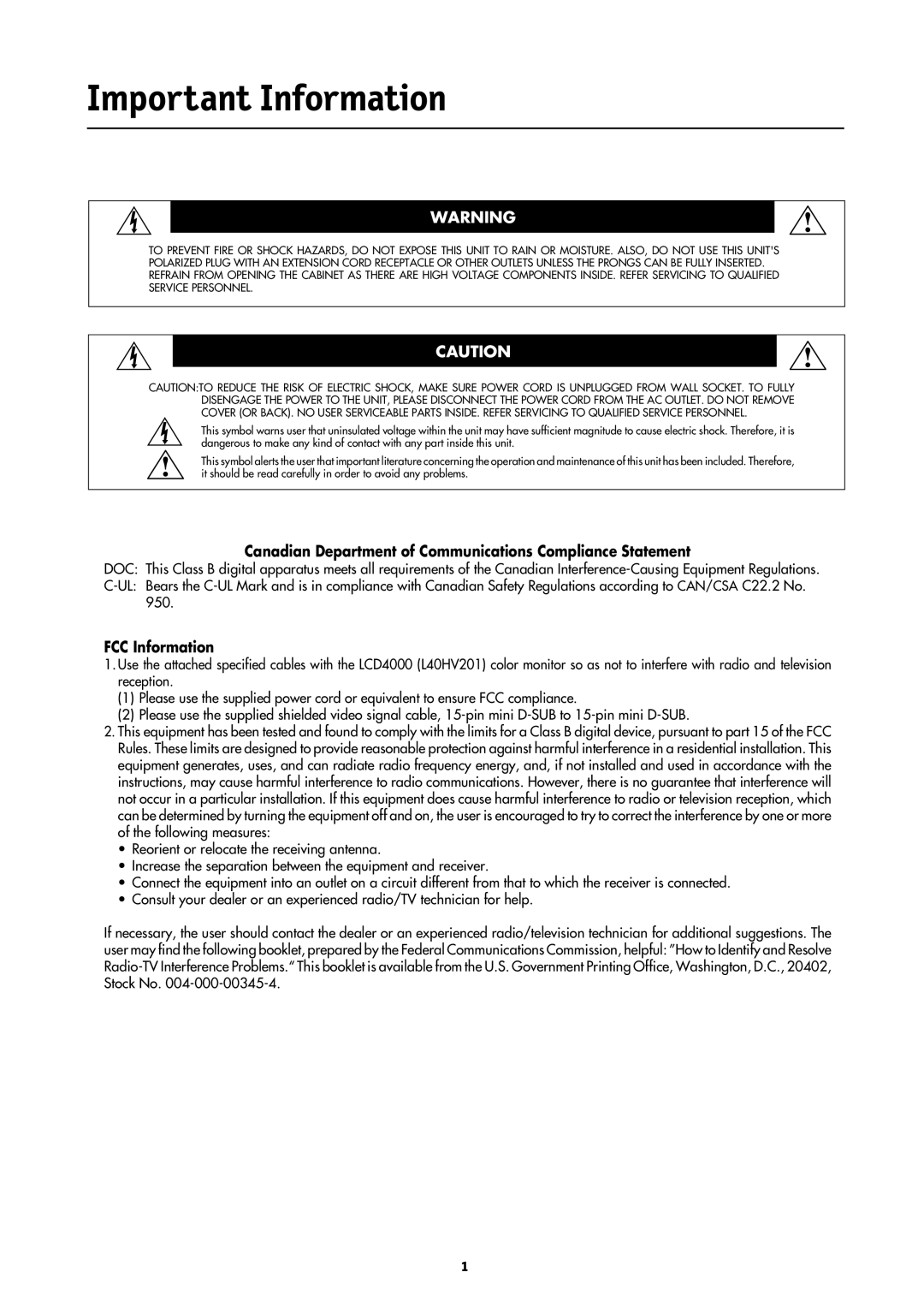 NEC LCD4000 manual Important Information, Canadian Department of Communications Compliance Statement 