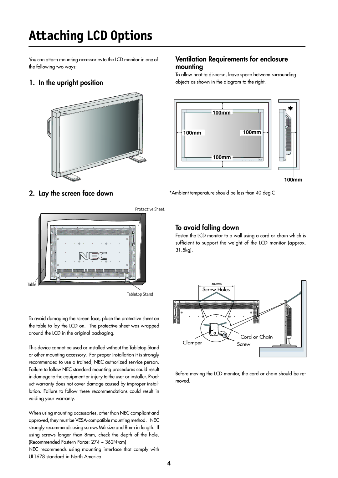 NEC LCD4000 manual Attaching LCD Options, To avoid falling down 