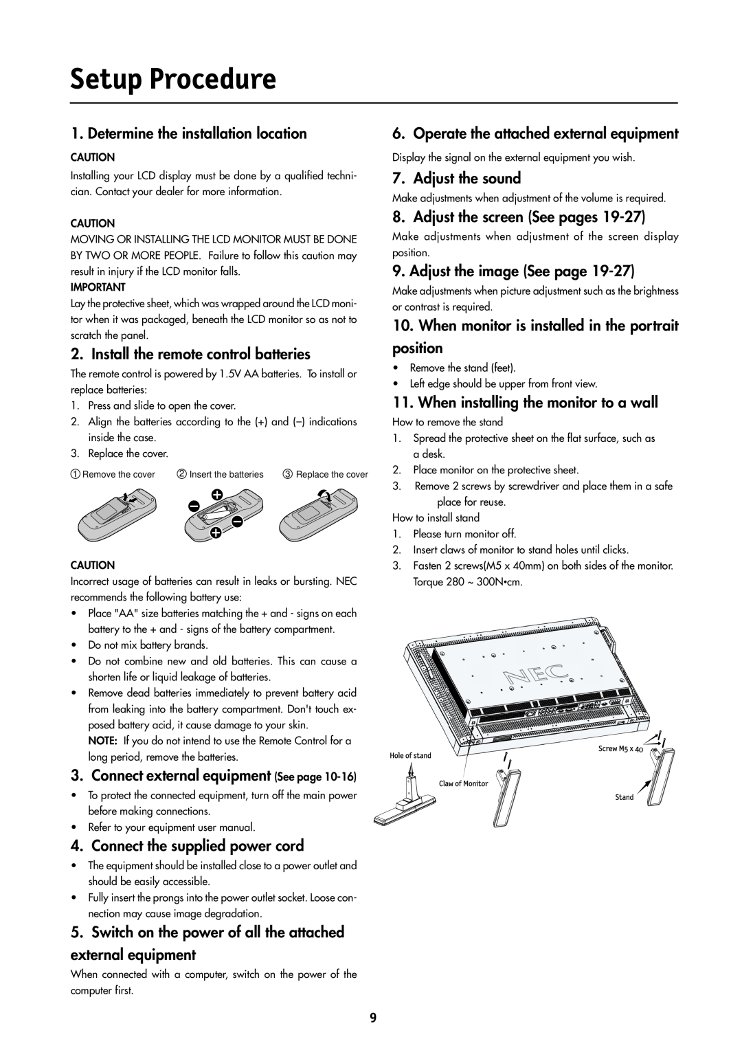 NEC LCD4000 manual Setup Procedure 