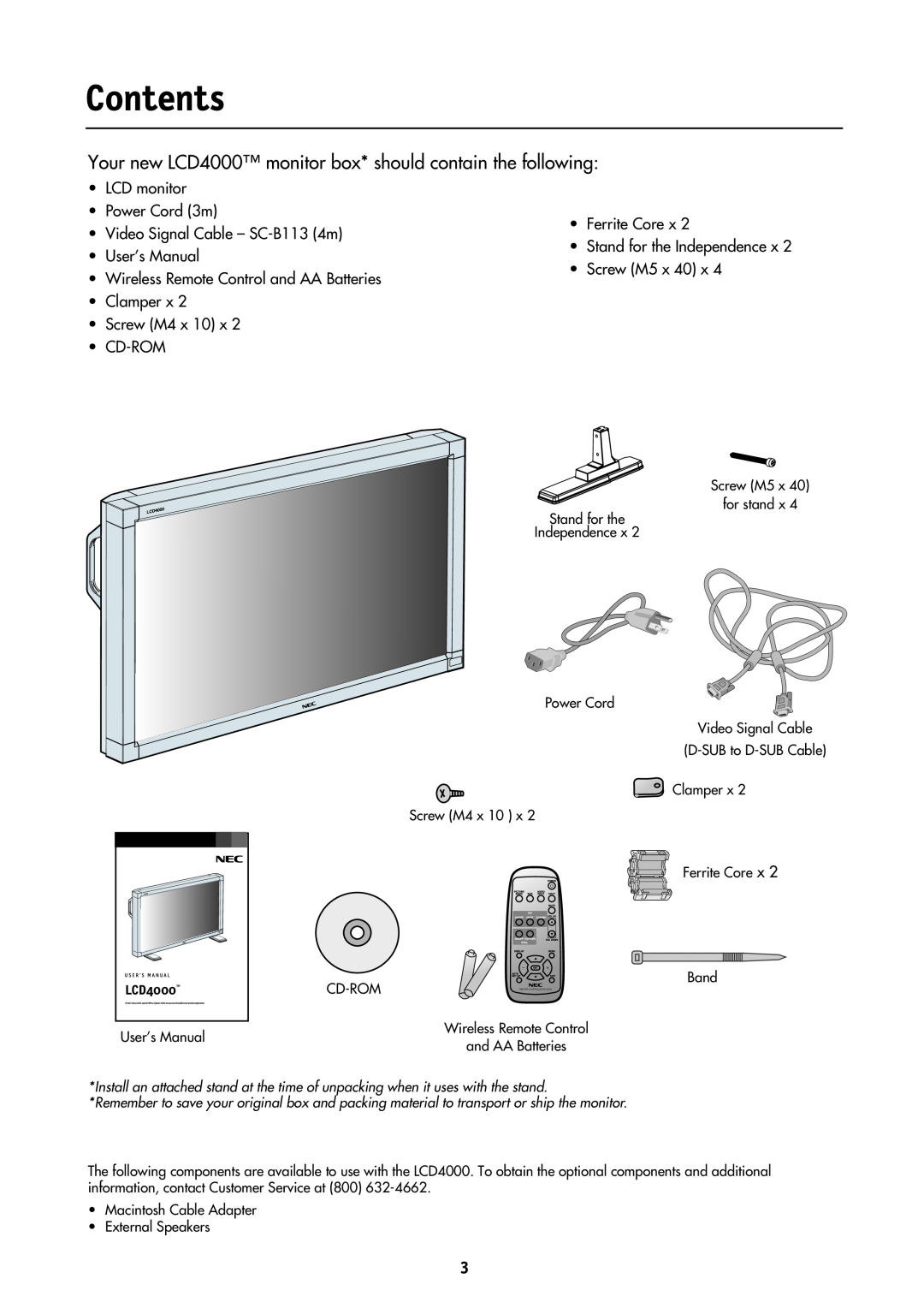 NEC manual Contents, Your new LCD4000 monitor box* should contain the following 