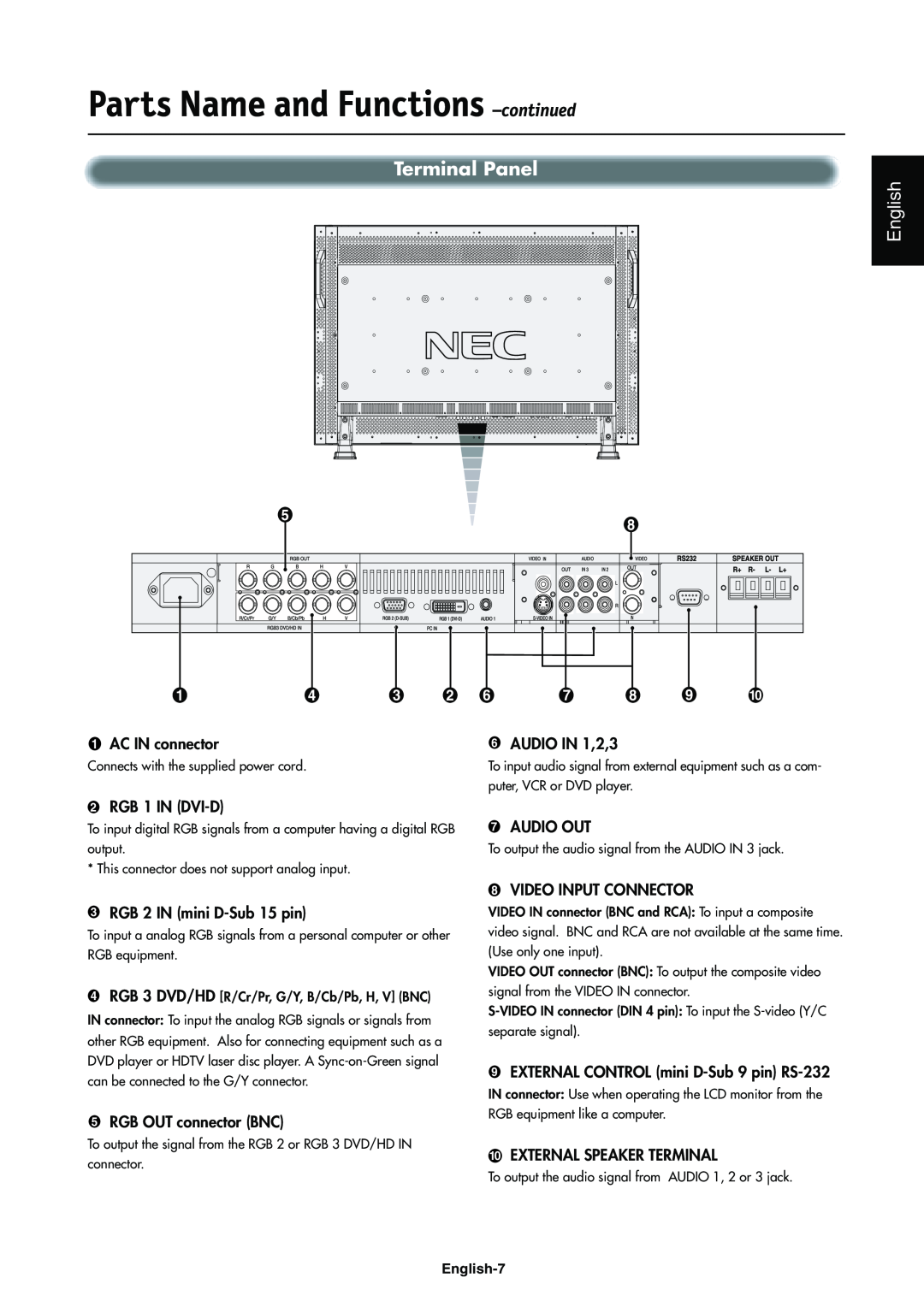 NEC LCD4000e manual Parts Name and Functions –continued, Terminal Panel, English-7 