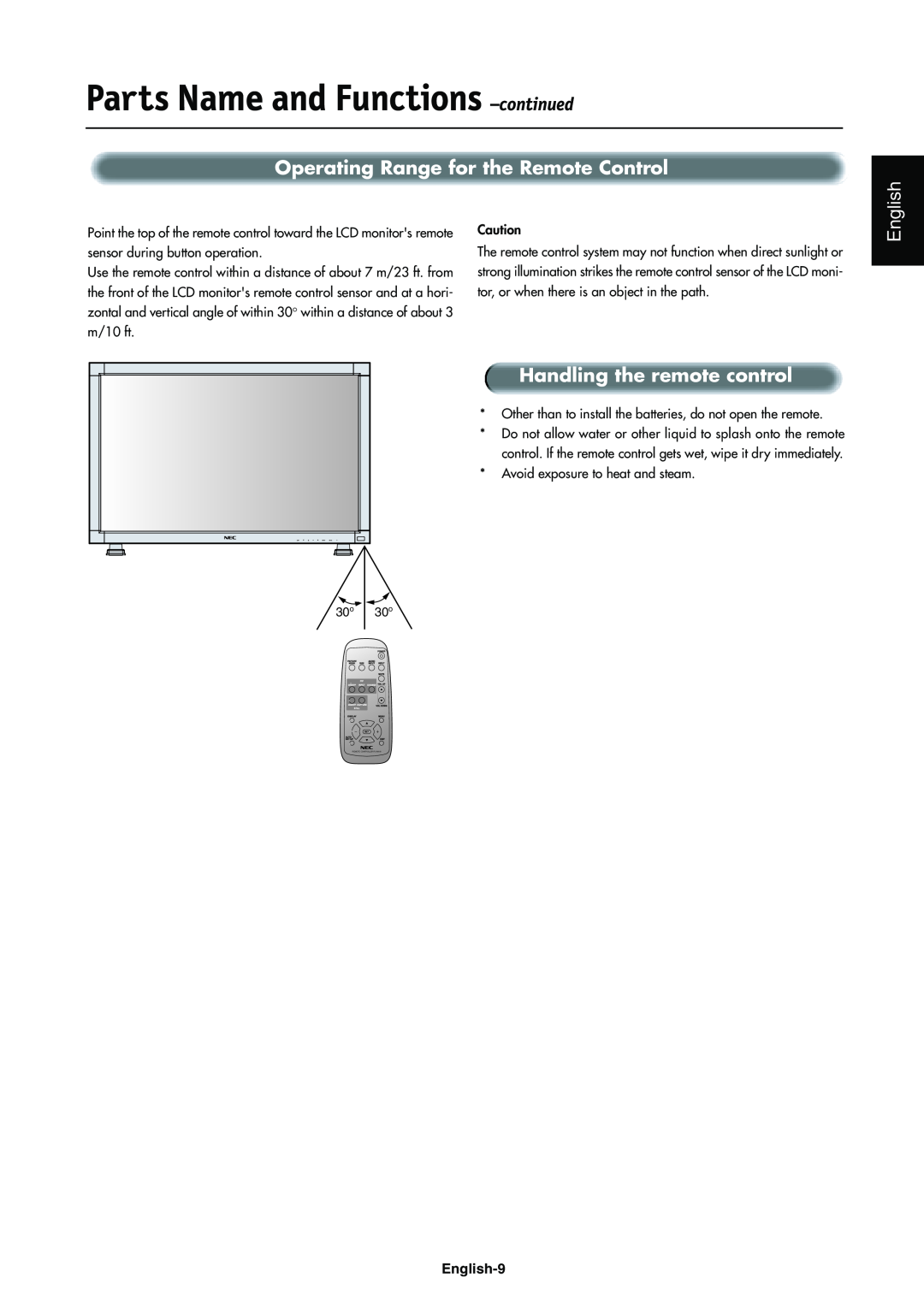 NEC LCD4000e Operating Range for the Remote Control, Handling the remote control, Parts Name and Functions –continued 