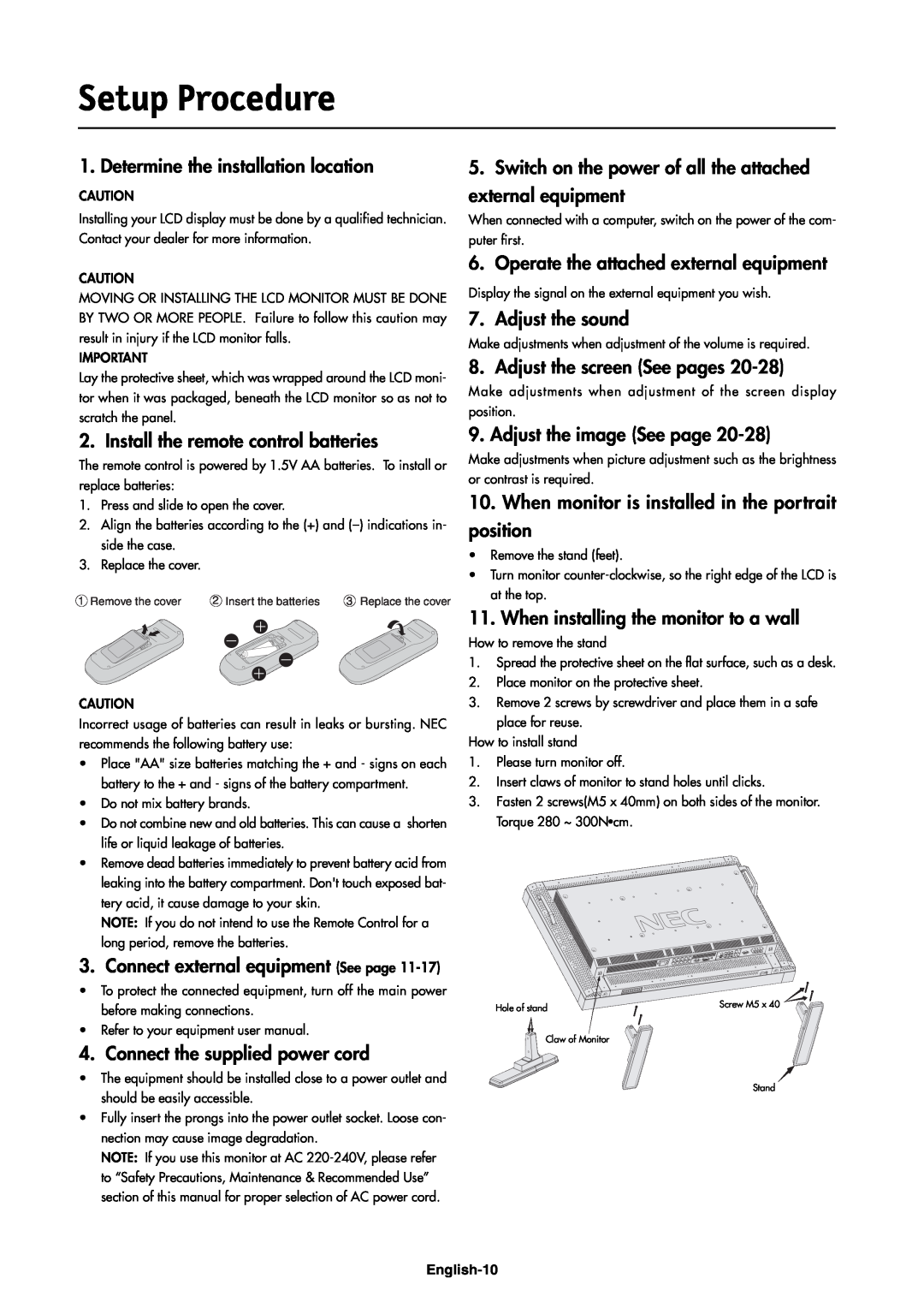 NEC LCD4000e manual Setup Procedure 