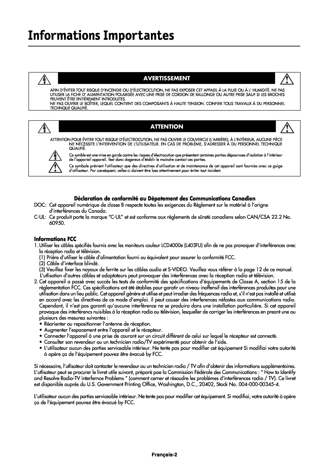 NEC LCD4000e manual Informations Importantes, Avertissement, Informations FCC, Français-2 