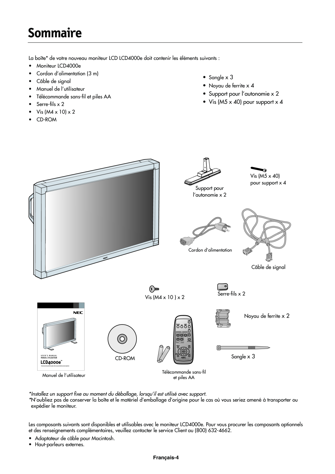 NEC LCD4000e manual Sommaire, •Support pour l’autonomie x, •Vis M5 x 40 pour support x, Français-4 