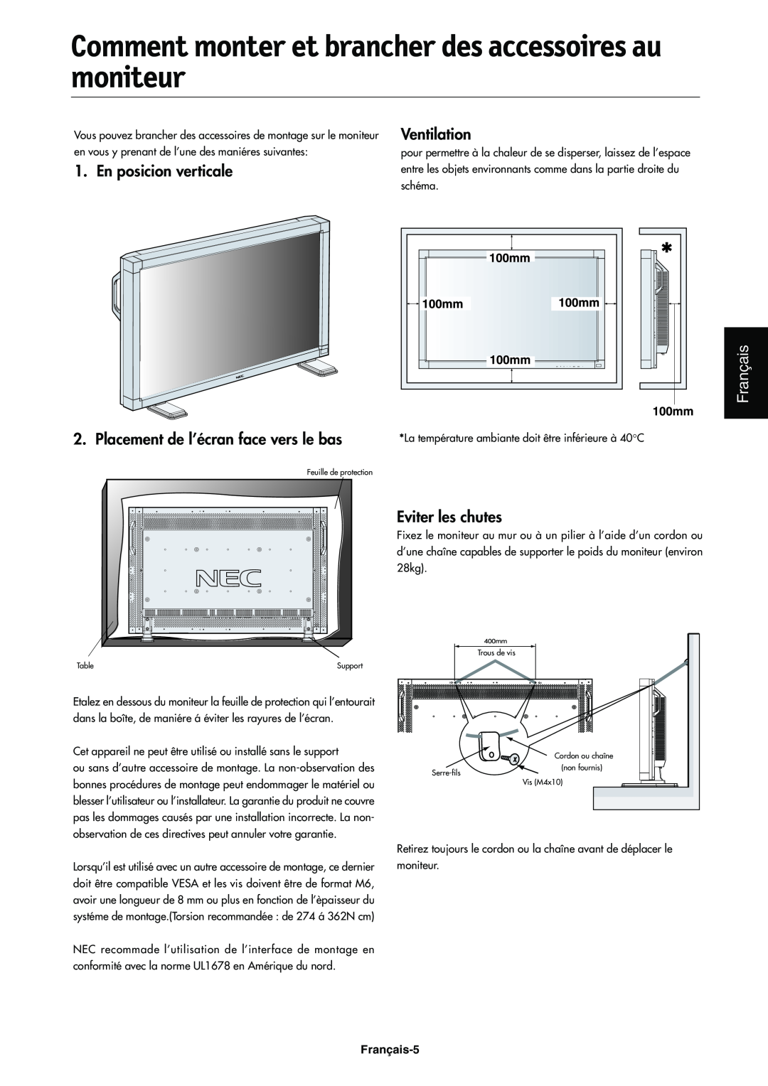 NEC LCD4000e manual En posicion verticale, Ventilation, Français, Placement de l’écran face vers le bas, Eviter les chutes 