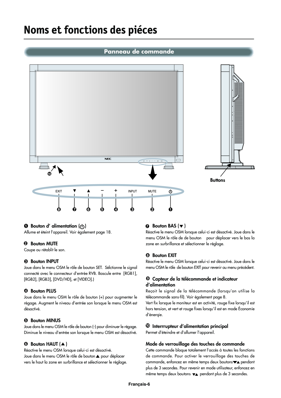 NEC LCD4000e manual Noms et fonctions des piéces, Panneau de commande 