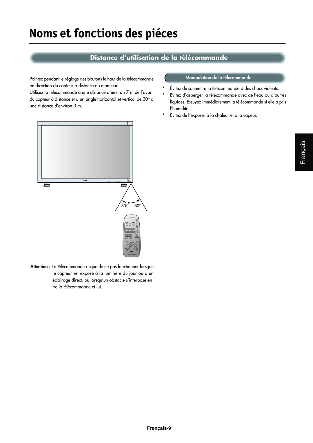 NEC LCD4000e manual Distance d’utilisation de la télécommande, Noms et fonctions des piéces, Français-9 