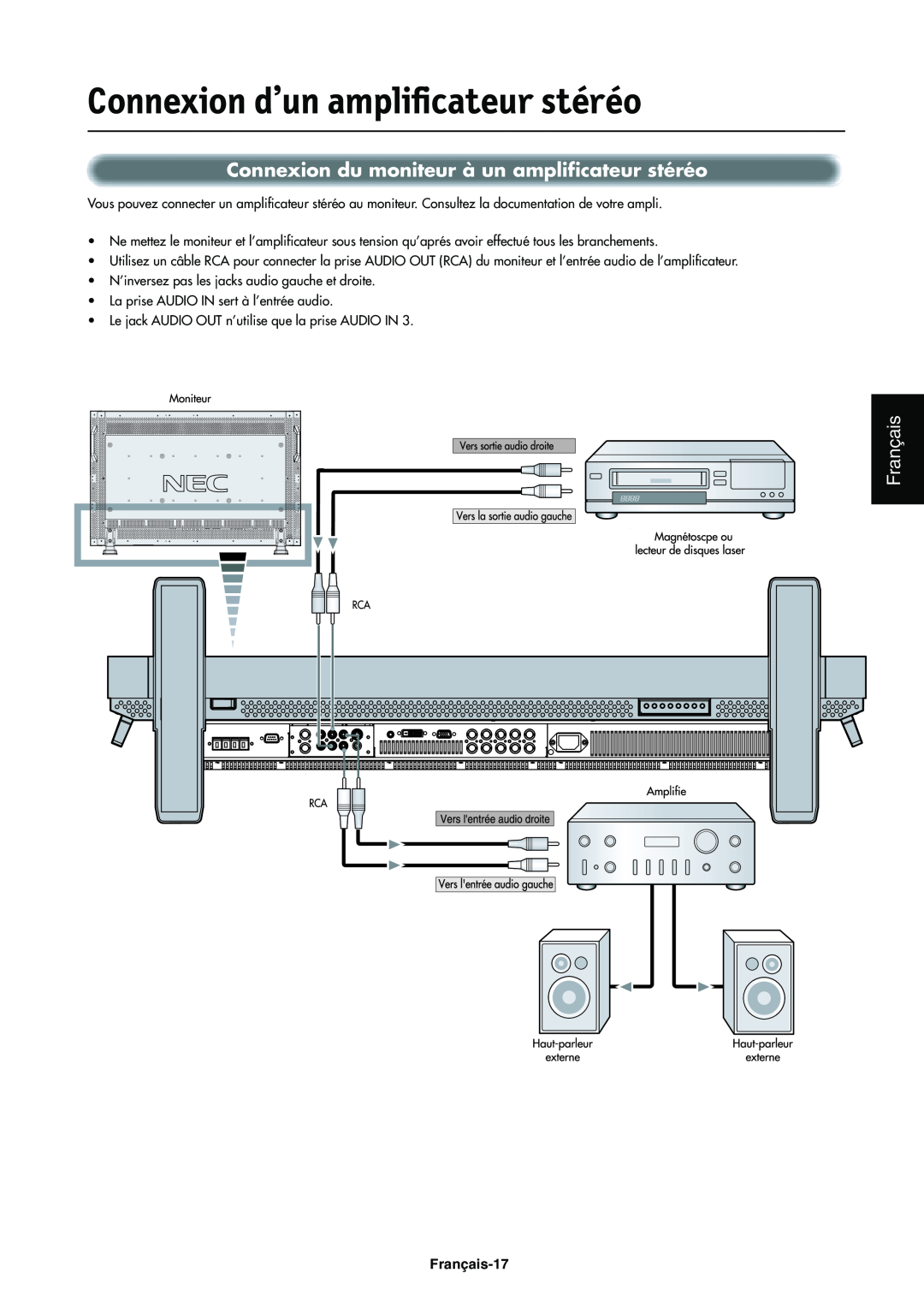 NEC LCD4000e manual Connexion d’un amplificateur stéréo, Connexion du moniteur à un amplificateur stéréo, Français-17 