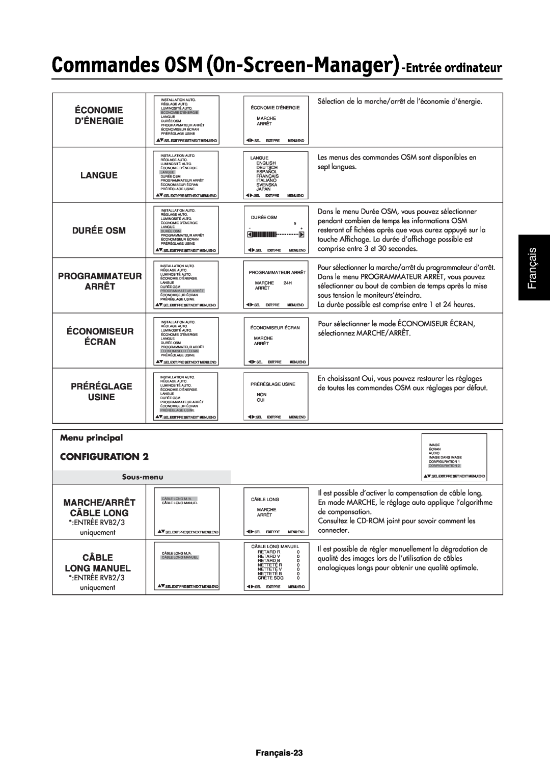 NEC LCD4000e manual Commandes OSMOn-Screen-Manager-Entréeordinateur, Français, Économie, Configuration 