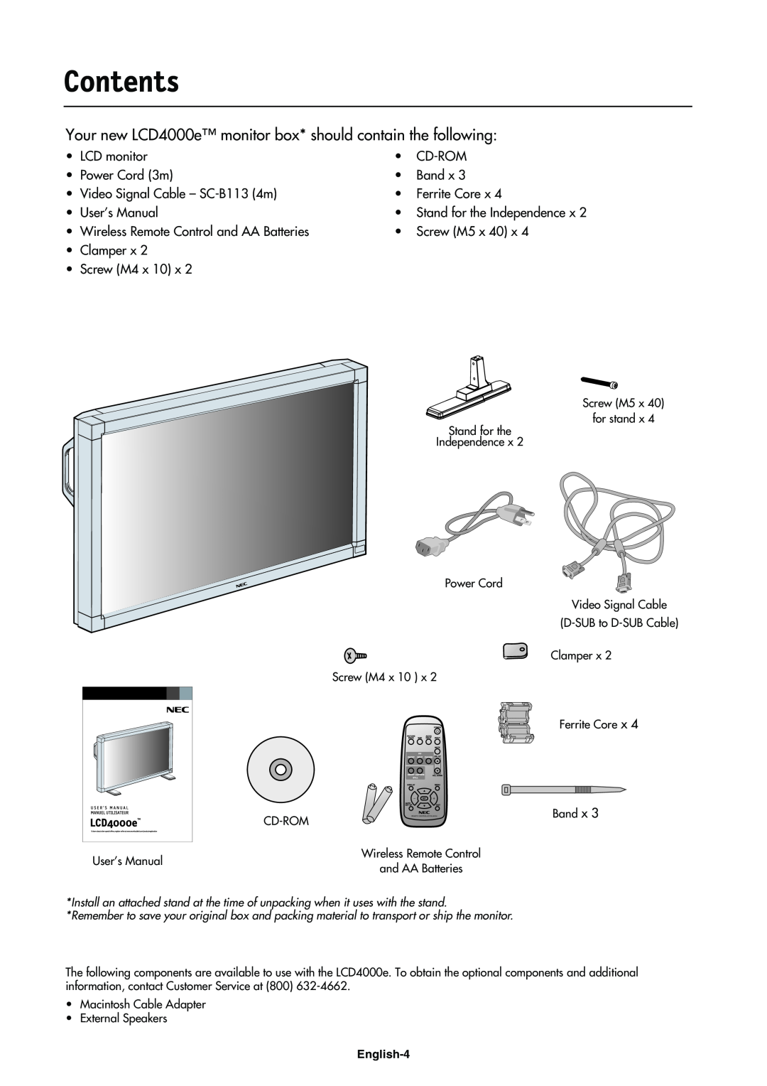 NEC LCD4000e manual Contents 