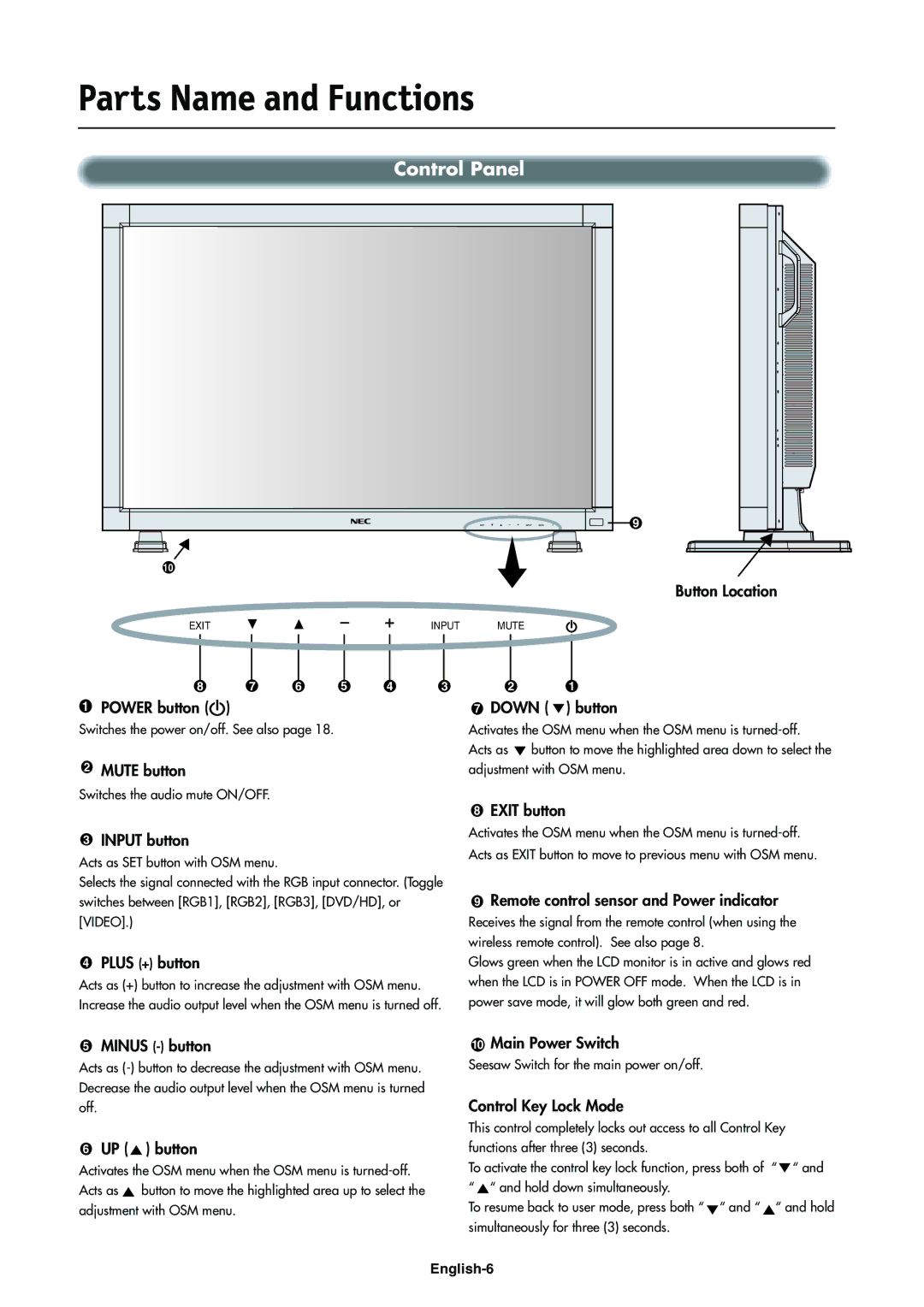 NEC LCD4000e manual Parts Name and Functions, Control Panel 