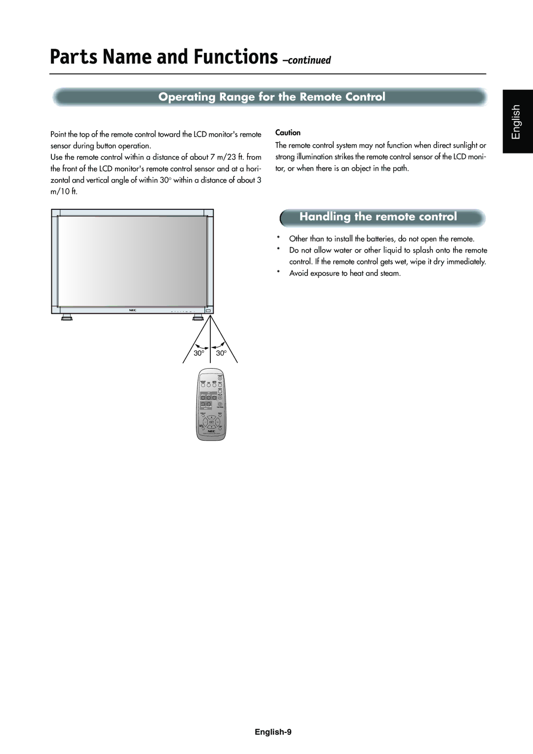 NEC LCD4000e manual Operating Range for the Remote Control, Handling the remote control 