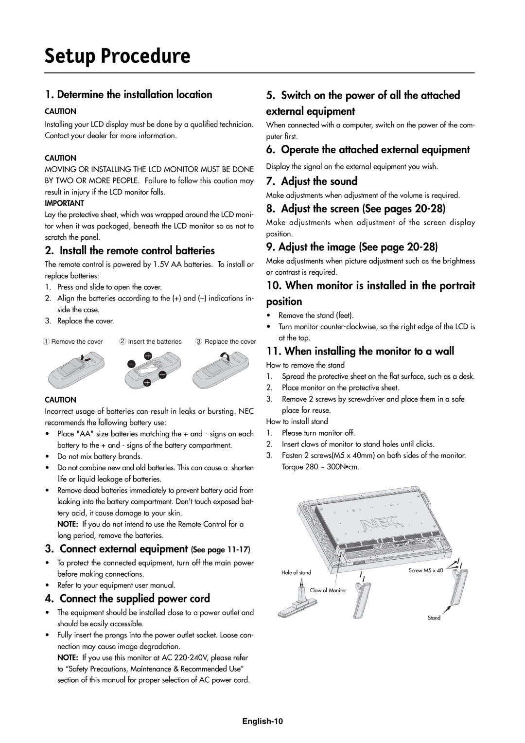 NEC LCD4000e manual Setup Procedure 