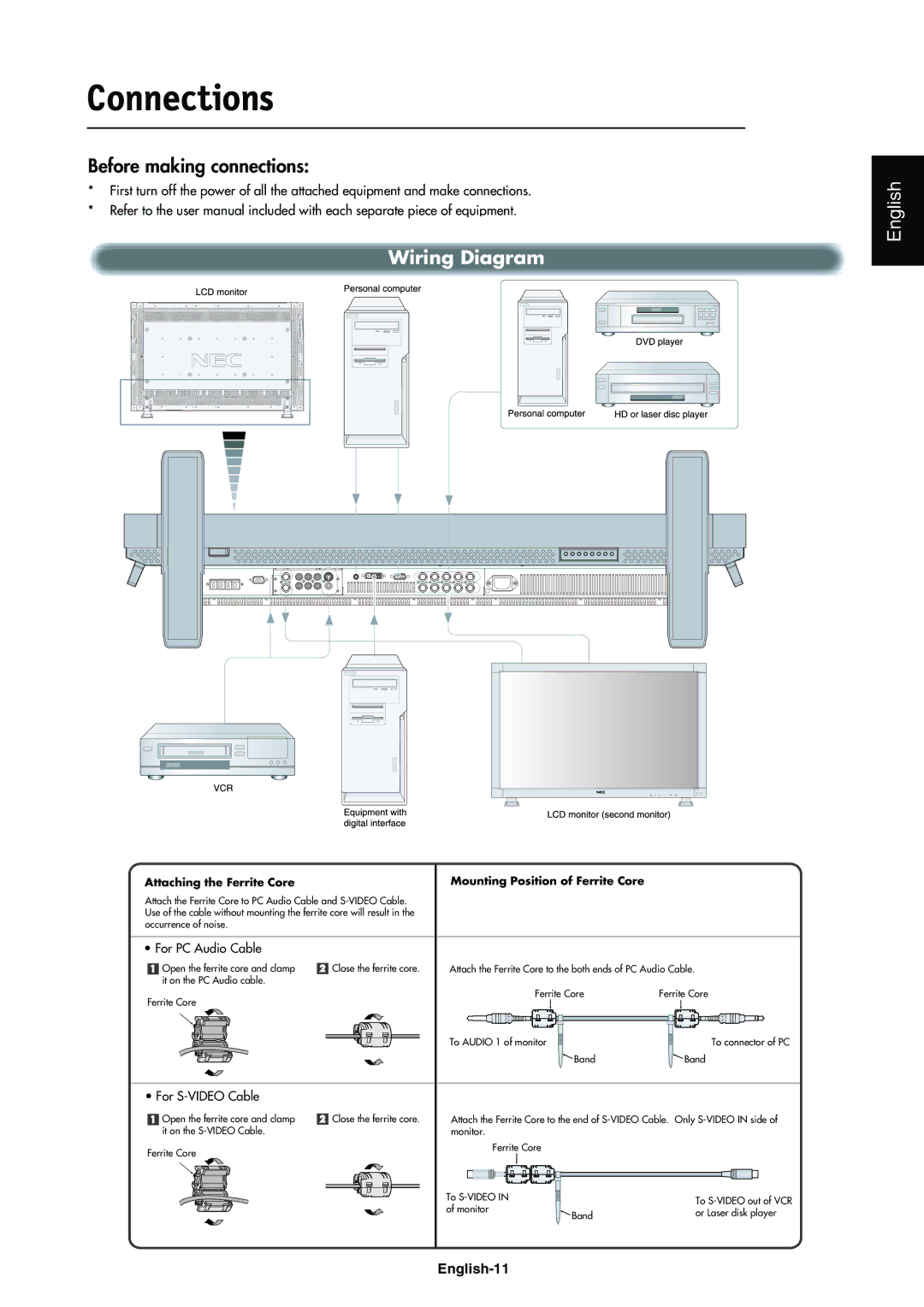 NEC LCD4000e manual Connections, Before making connections, Wiring Diagram 