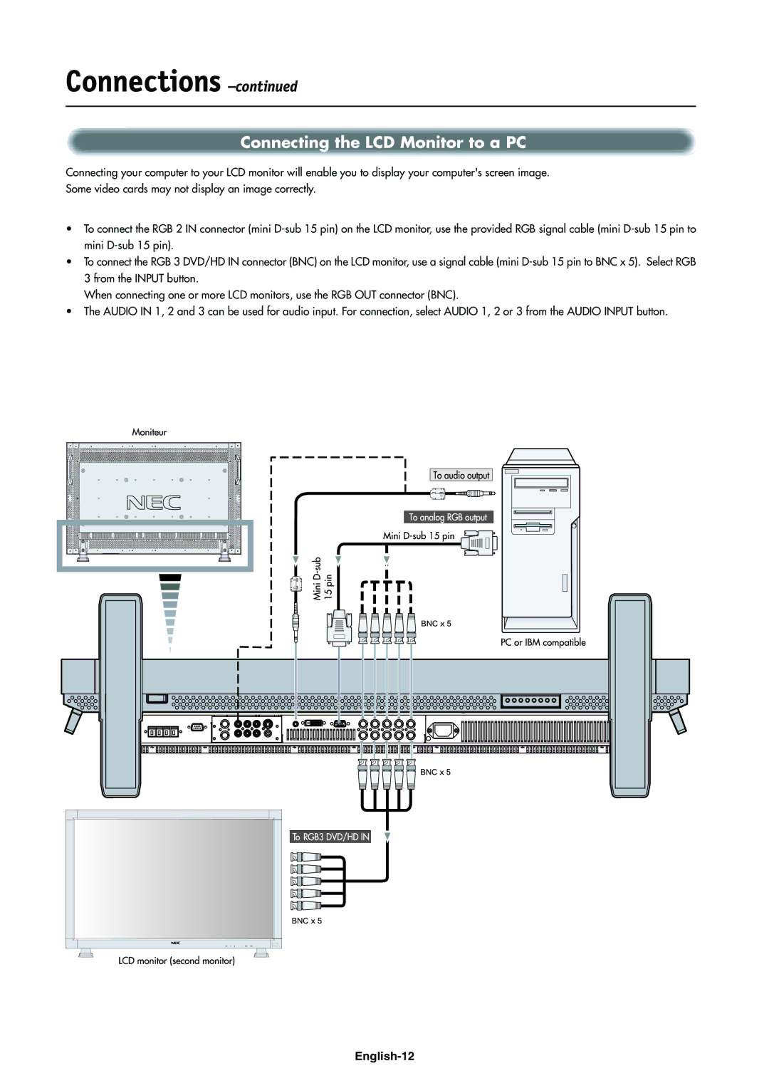 NEC LCD4000e manual Connecting the LCD Monitor to a PC 